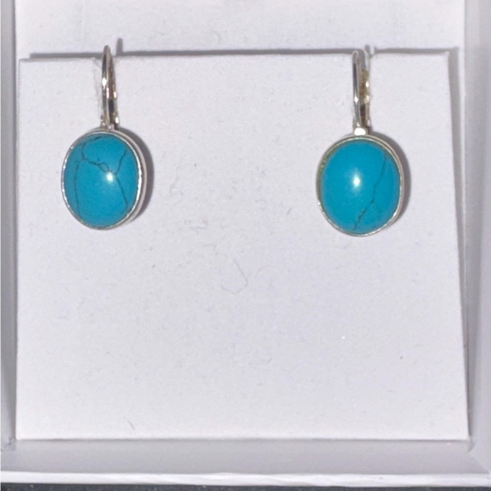 Turquoise Sterling Silver Oval Lever Drop Earrings -